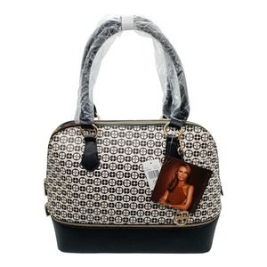 Iman Global Chic Logo Print Dome Satchel with Cosmetic Case - Black New w/ Tags